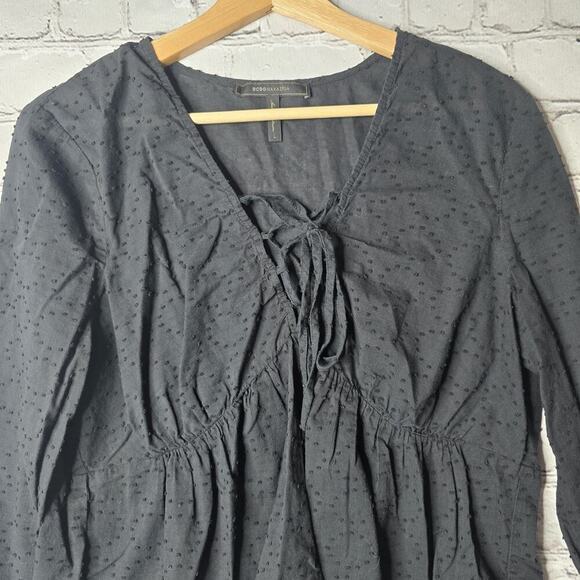 BCBG MaxAzria 100% Cotton Black Textured Polka Dot Lace Up Collar Blouse Large - Picture 3 of 13